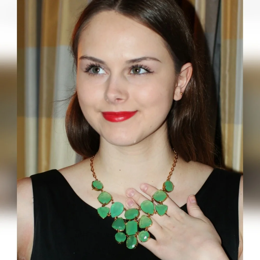 KATE SPADE NY Vegas Jewels Elegant Mint Green and Gold Statement Bib Necklace…